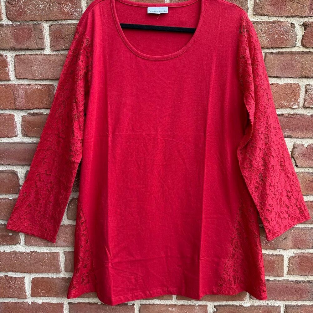 Pyramid Collection Scoop Neck Floral Lace 100% Cotton Tunic Top Red 3X NWOT